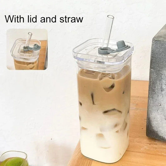 1PC Square Heat-Resistant Coffee Glass Cup with Lid and Straw